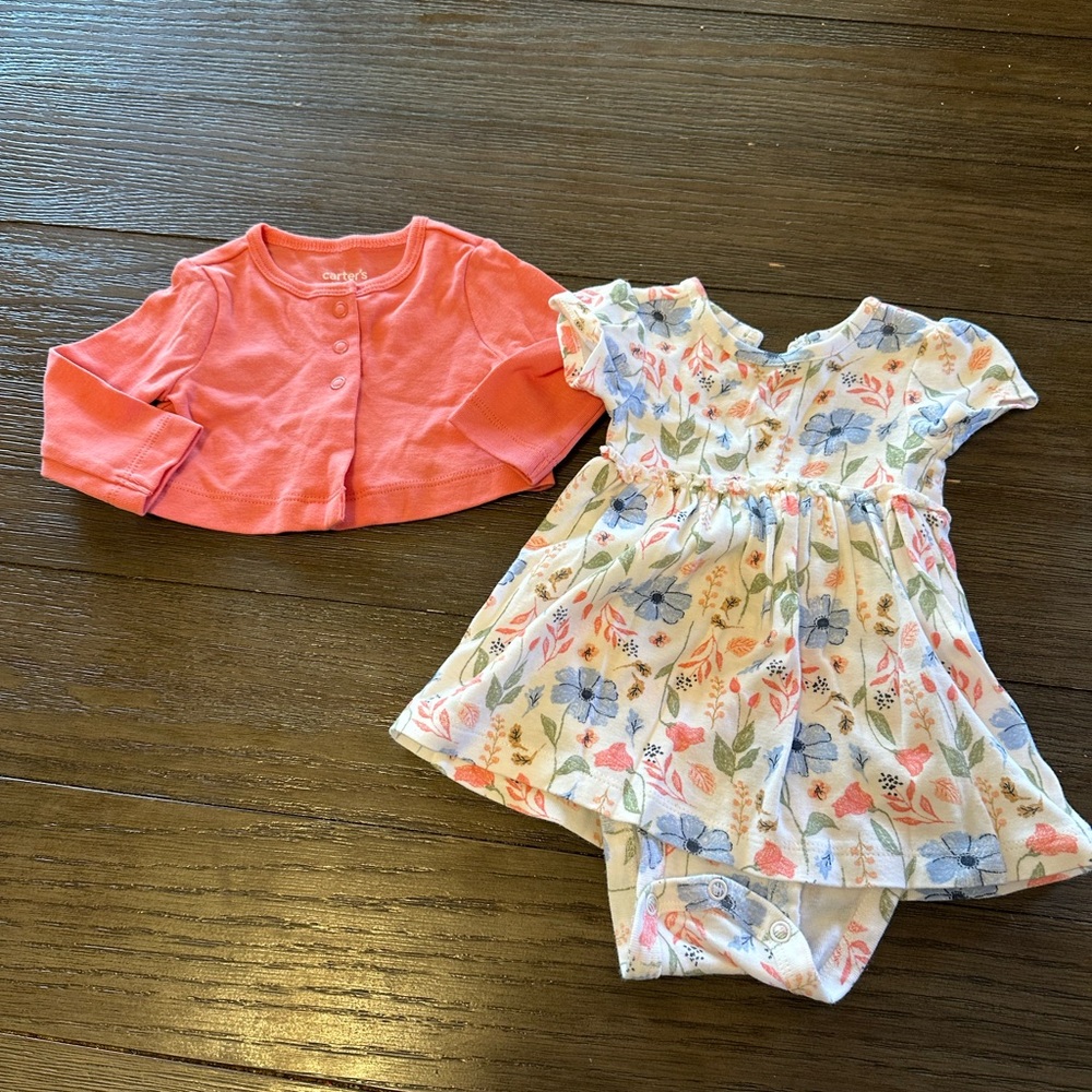 0-3mth Carter's Coral Cardigan and Floral Dress Set